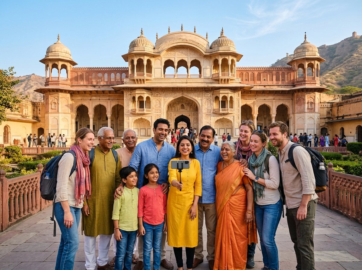 Happy family exploring Indian heritage with Umbrella Trip